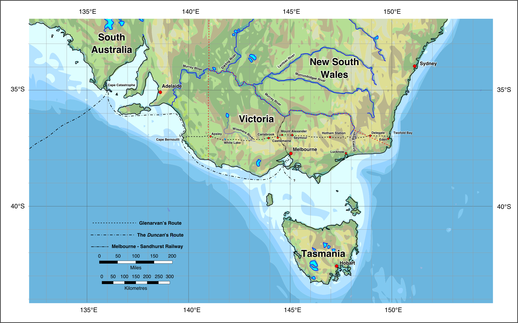 Map of the searcher’s route across Australia at the 37th parallel